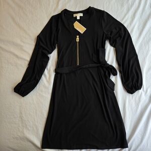 Michael Kors Black Long Blouson Sleeve Belted Mini Dress Gold Logo Zipper